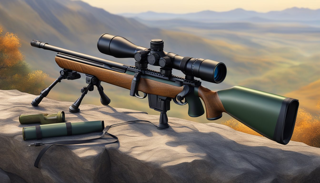 A hunter's rifle, scope, bipod, and rangefinder laid out on a rocky outcrop overlooking a vast, mountainous landscape