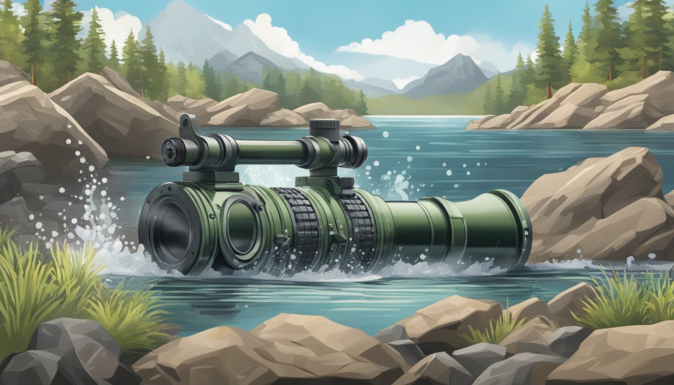 A hunting scope being dropped onto rocky terrain and then being submerged in water to test its ruggedness and reliability