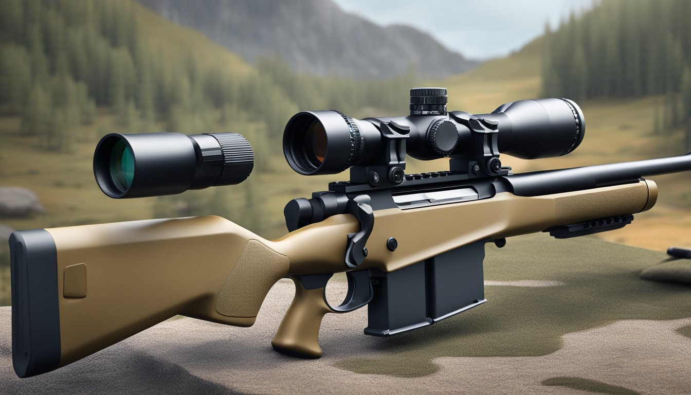 A rifle scope mounted on a rifle, with a rugged and reliable design, being tested in a harsh outdoor environment