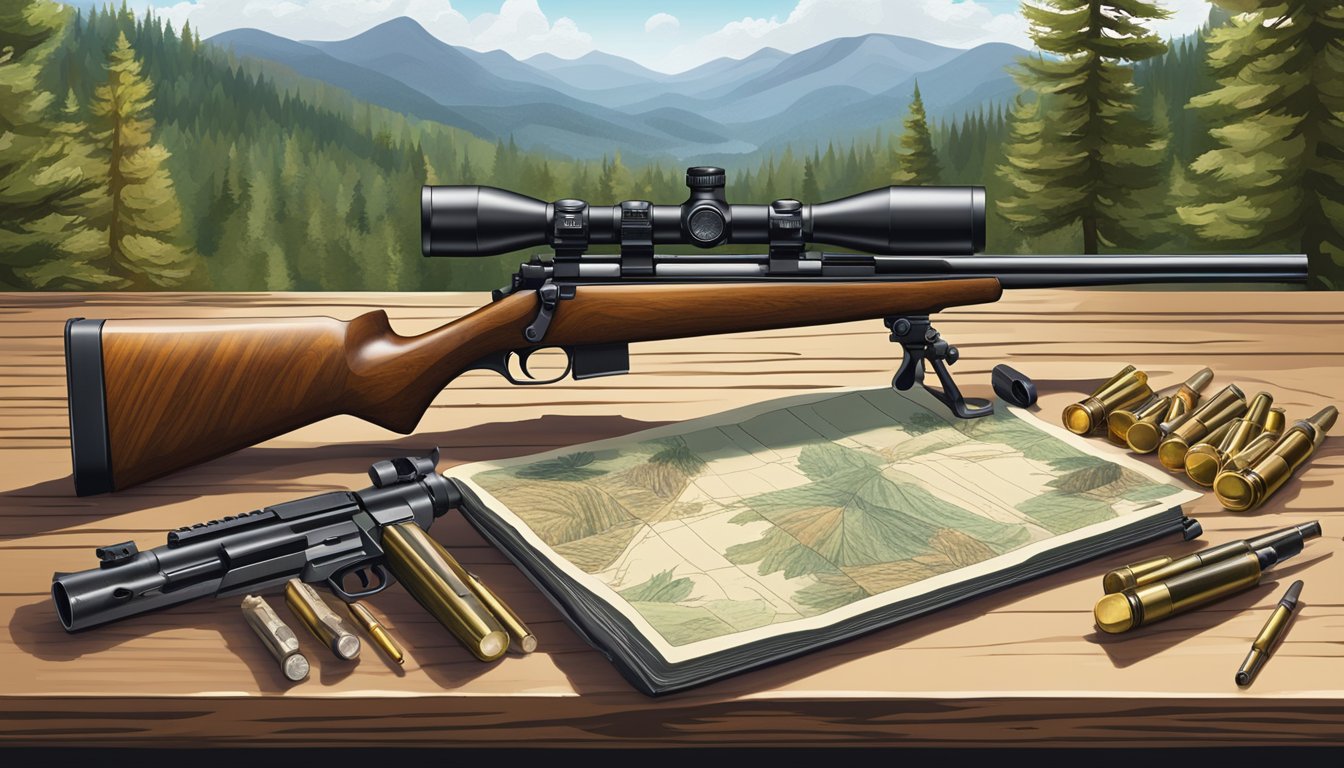 A hunter's rifle, scope, and ammunition laid out on a sturdy table, with a backdrop of a forested mountain range in the distance