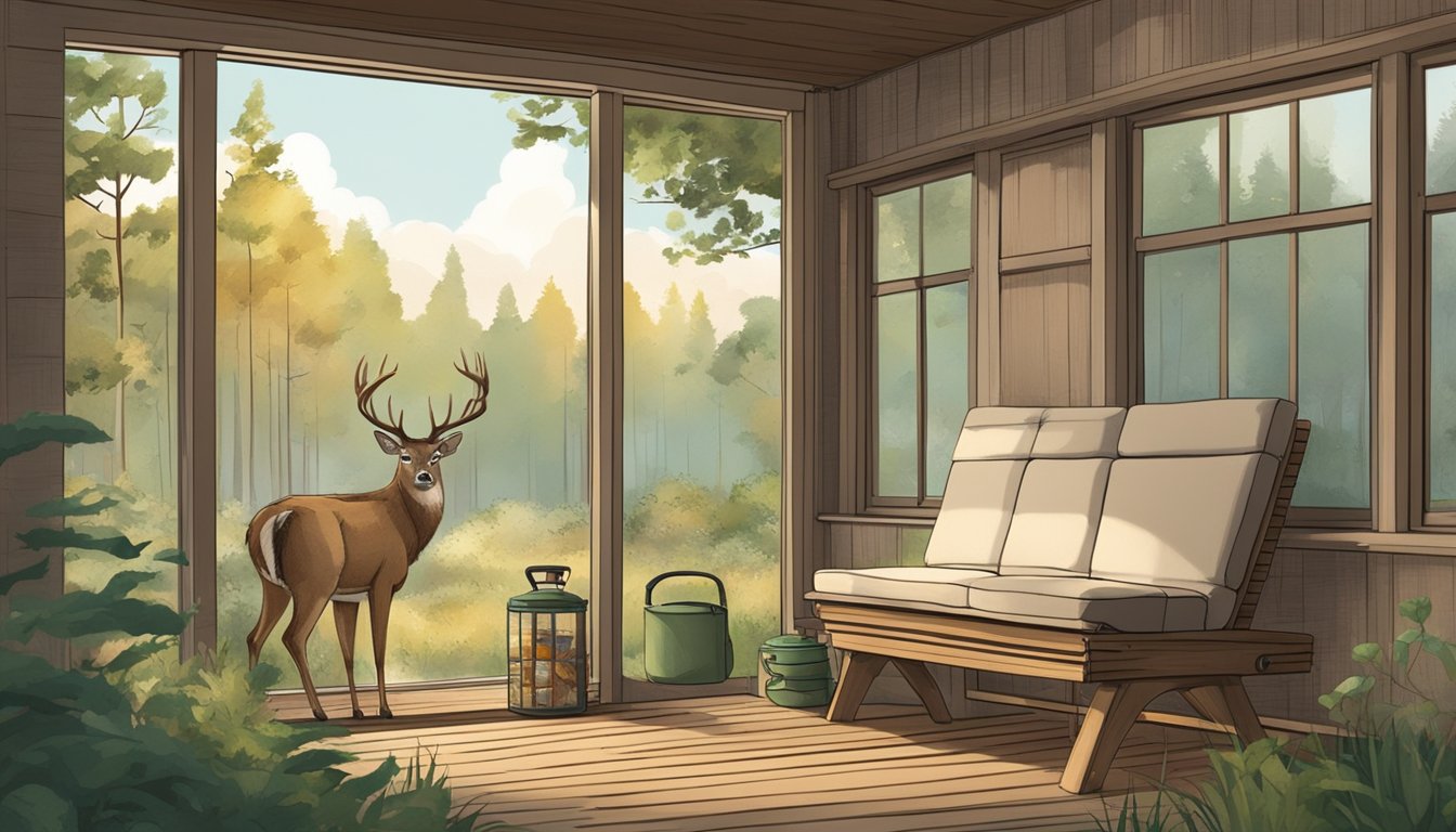 A cozy blind with a cushioned seat, insulated walls, and a shelf for essentials like snacks and a thermos. Outside, a serene woodland scene with a deer grazing nearby