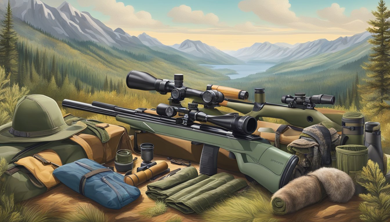 A mountainous landscape with a variety of hunting gear laid out for testing, including scopes, binoculars, and rifles