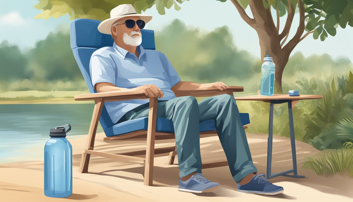 A blind person sits comfortably in a well-equipped outdoor chair with a cushion, back support, and armrests. A cane and water bottle are within reach