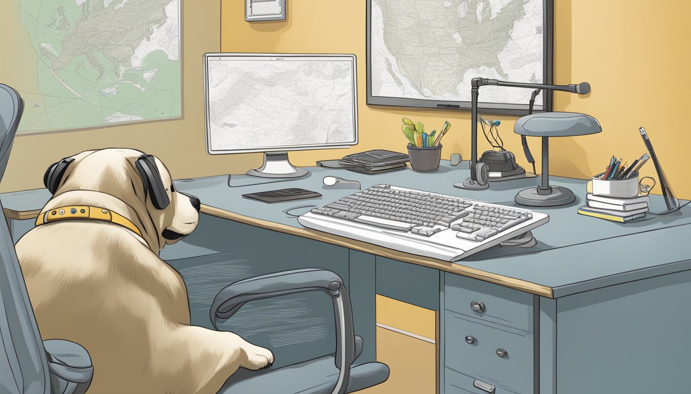 A well-organized desk with a braille keyboard, headphones, and a tactile map of the surrounding area. A guide dog rests nearby