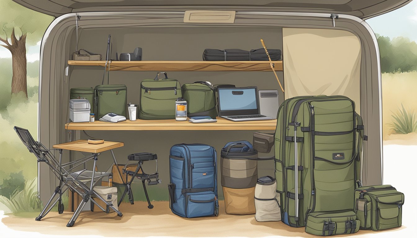 A well-organized blind with durable, cost-effective essentials for all-day comfort, including a sturdy chair, insulated cooler, and hunting gear neatly arranged