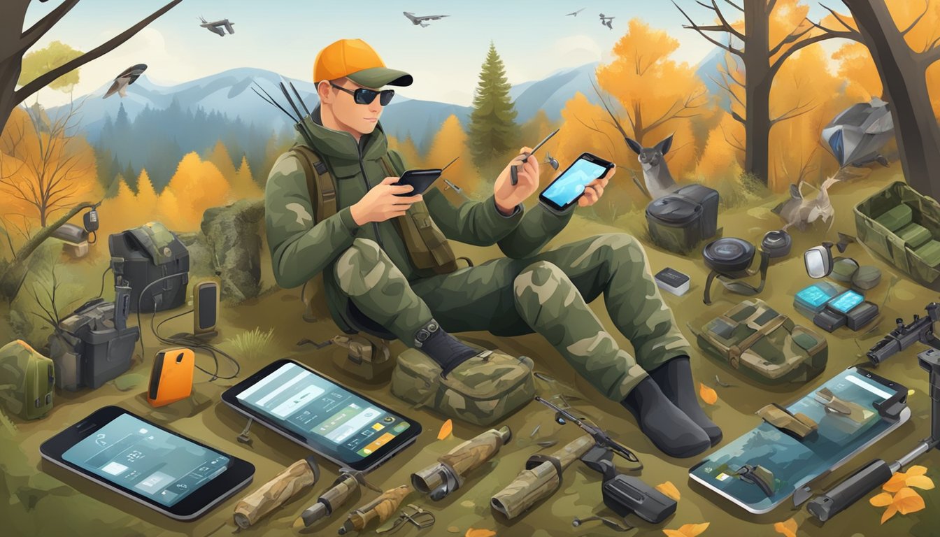 A hunter in camouflage using a smartphone with hunting apps, surrounded by various high-tech hunting devices and equipment