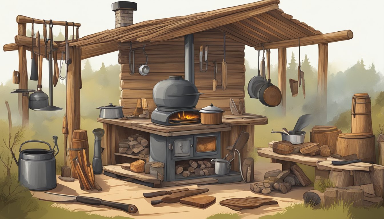 A rustic outdoor scene with a hunter's cabin, a wood-burning stove, and various tools for processing game, such as knives, a meat grinder, and a large cutting board