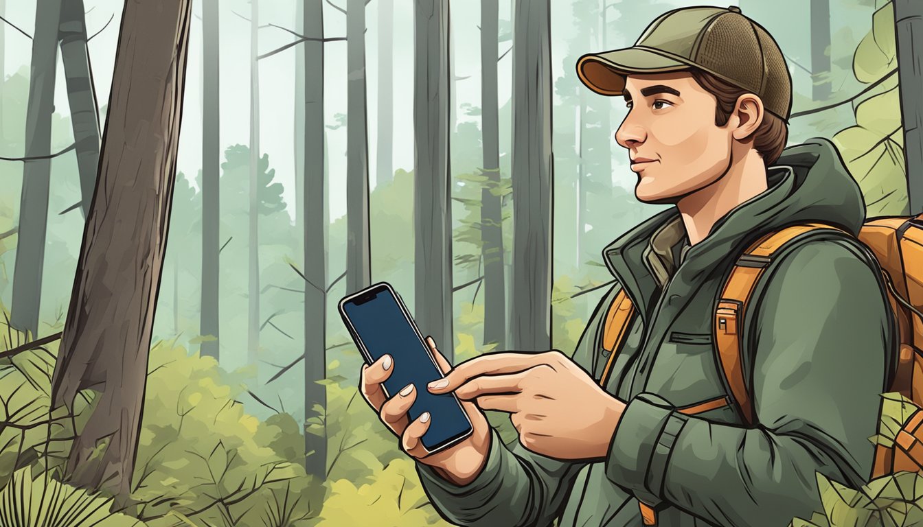 A hunter in a forest, using a smartphone with hunting apps, wearing a smartwatch and carrying a GPS device