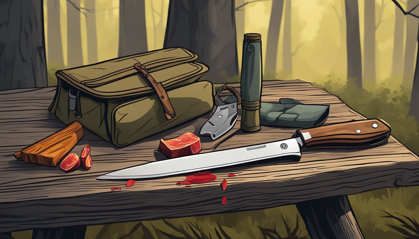 A hunter's knife, game bags, and a blood-stained cutting board on a rustic table in a wooded clearing