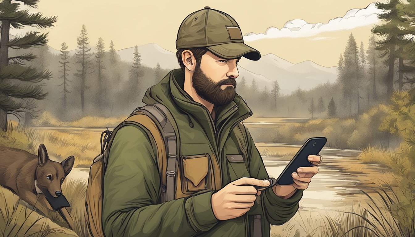 A hunter using a smartphone app to track wildlife, with a GPS device and binoculars nearby