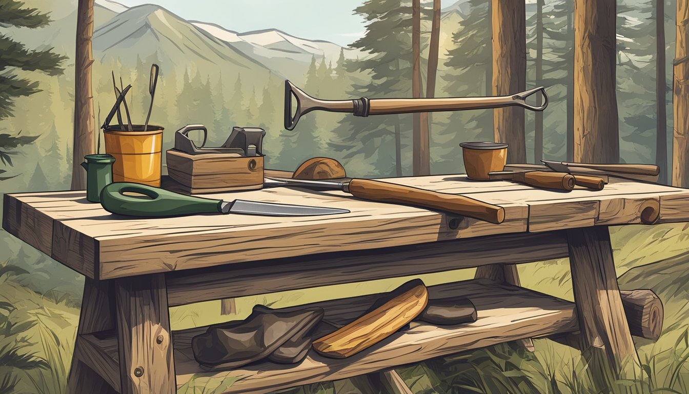 A rustic outdoor workbench with hunting tools, a sharp knife, and a sturdy cutting board surrounded by wilderness