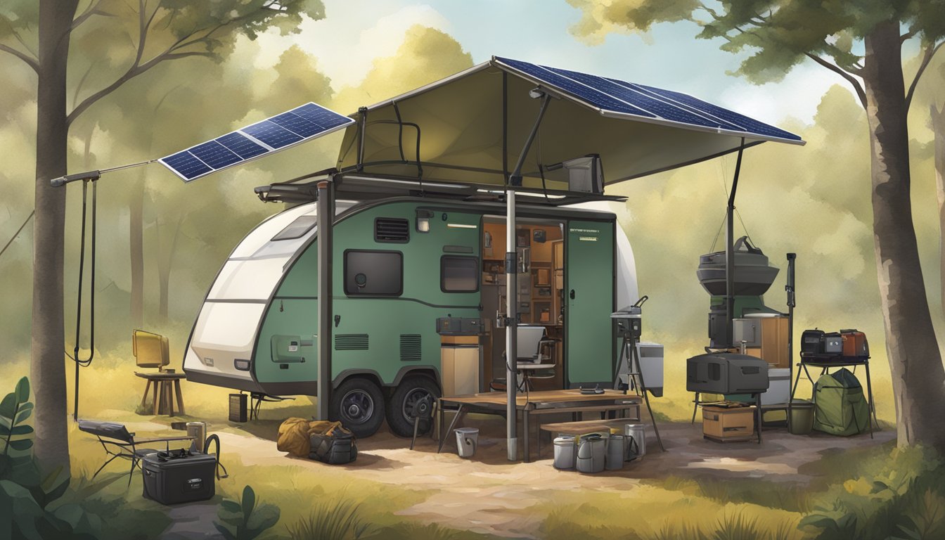 A hunter's campsite with a solar-powered processing station, hanging game, and sustainable gear