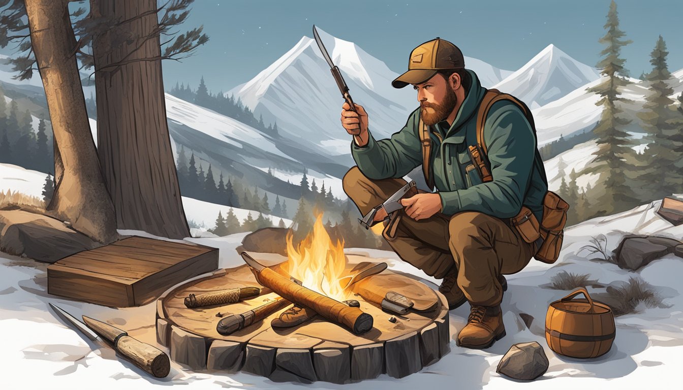 A rugged outdoor scene with a hunter processing game, using essential gear such as knives, a cutting board, and a fire pit