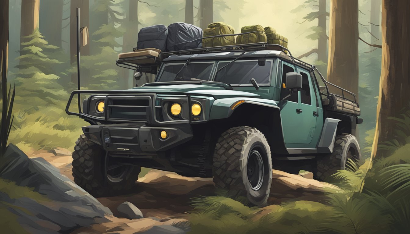 A rugged off-road vehicle navigating through a dense forest, with hunting gear and supplies strapped to the exterior