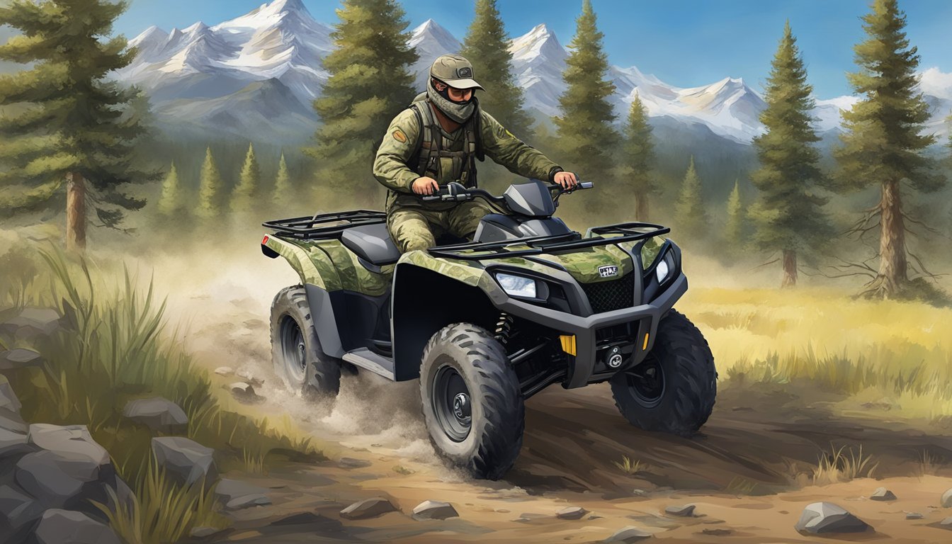 A hunter drives a rugged ATV through a variety of terrains, including rocky mountains, dense forests, and open plains. The vehicle is equipped with all-terrain tires and a camouflage paint job