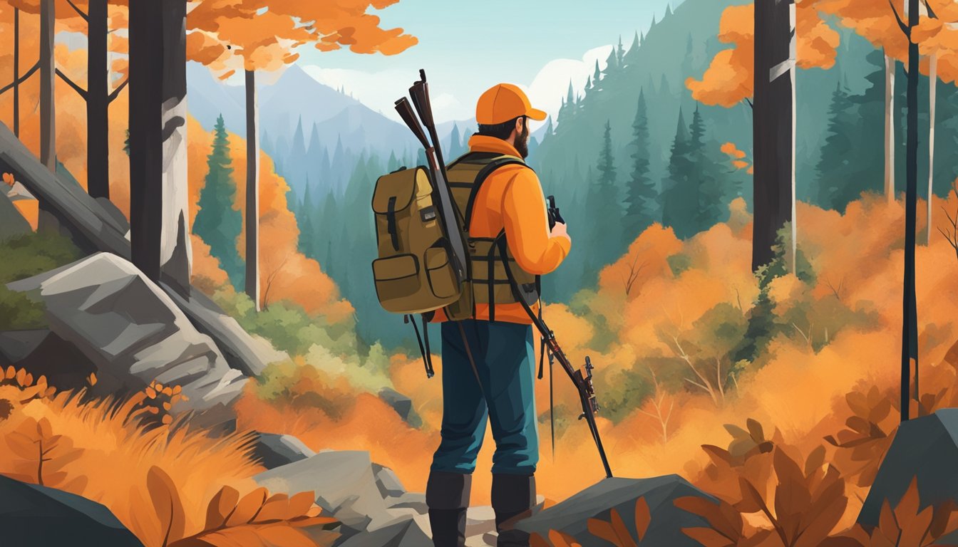 A hunter carefully checks their gear: bright orange vest, sturdy boots, rifle, and a first aid kit. They stand in a forest clearing, surrounded by trees and wildlife