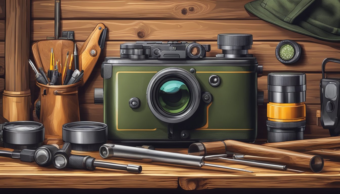 A hunting rangefinder surrounded by various accessories and maintenance tools on a wooden table in a rustic hunting cabin