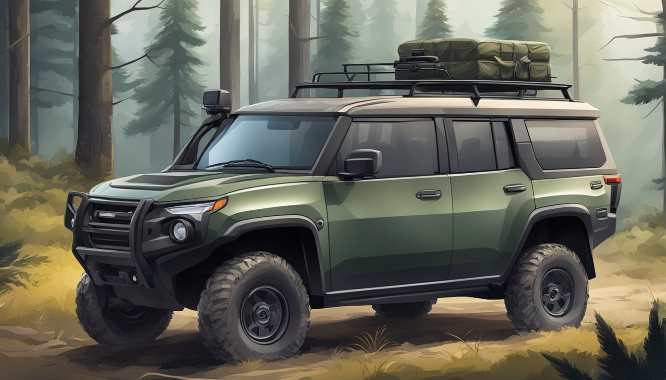 A hunter's all-terrain vehicle parked in a forest clearing, equipped with storage for hunting gear and a rugged exterior for off-road use