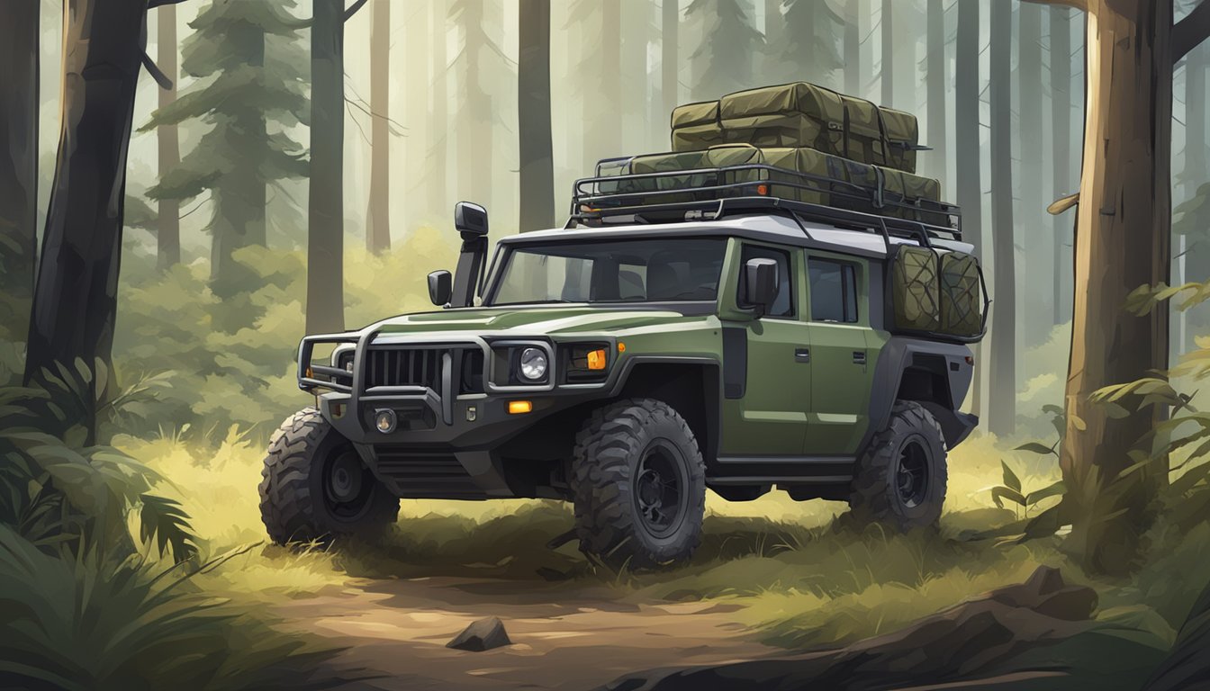 A rugged off-road vehicle parked in a forest clearing, equipped with hunting gear and accessories