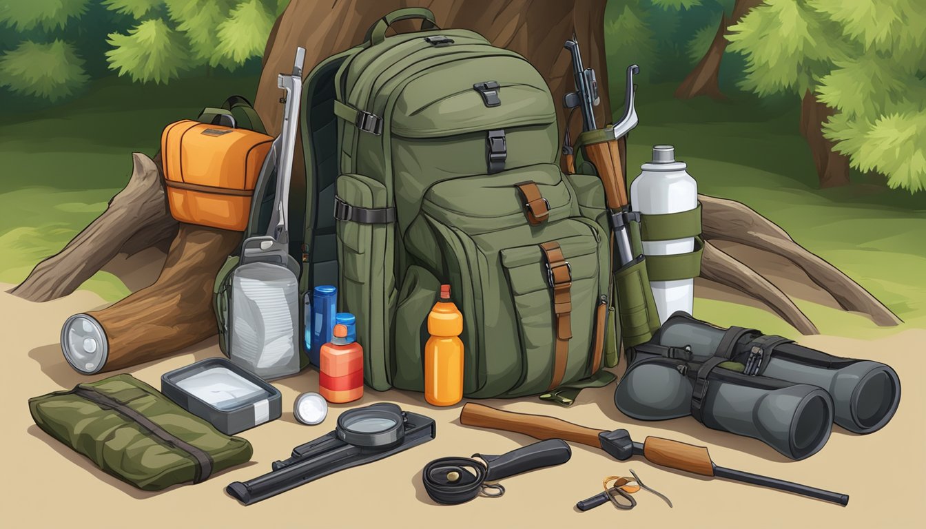 A hunting backpack open on the ground, filled with survival tools, a first aid kit, and hunting accessories. A rifle and bow leaning against a tree