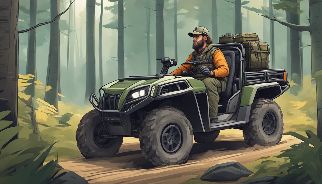 A hunter driving a rugged off-road vehicle through a dense forest, with hunting gear and weapons secured in the back