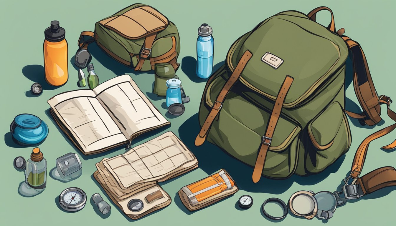 A hunter's backpack open on the ground, with a first aid kit, water bottle, and a compass laid out next to it