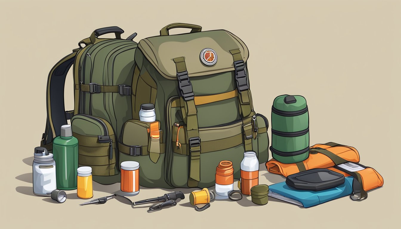 A hunter packing essential gear into a sturdy backpack, including a first aid kit, compass, and safety whistle