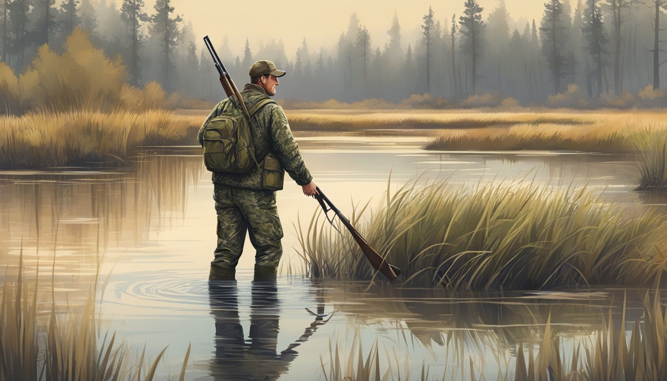 A hunter in camouflage waders wading through a marsh with a shotgun