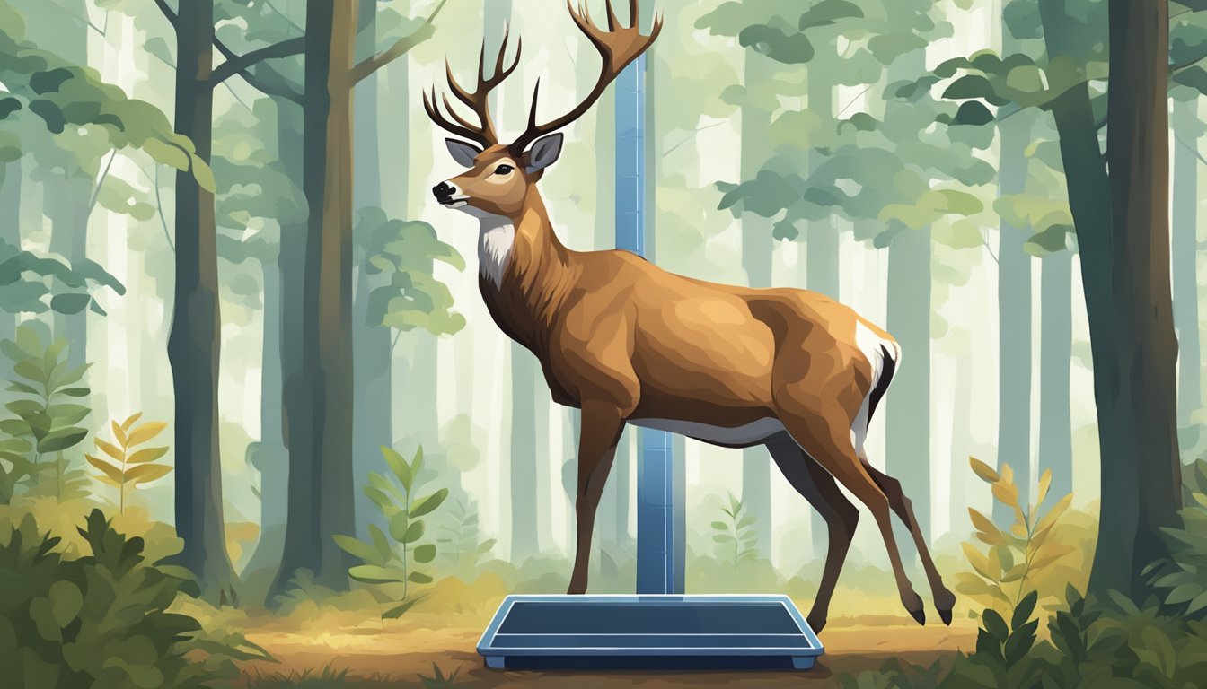 A large deer standing on a digital weighing scale in a forest clearing, surrounded by trees and foliage