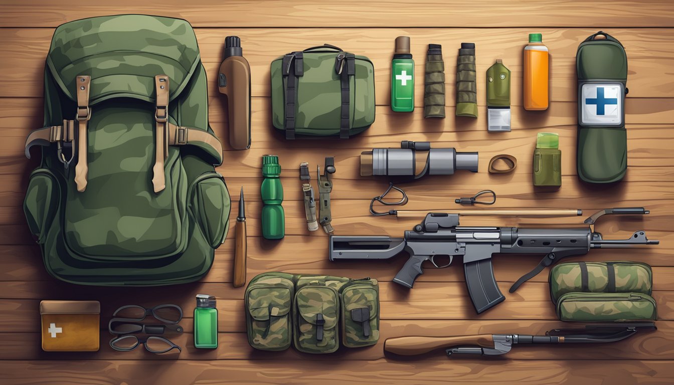 A hunter's gear laid out on a wooden table: rifle, ammunition, camouflage clothing, boots, and a first aid kit