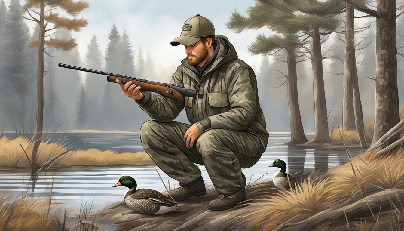 A hunter carefully selects insulated waders, layering them with waterproof pants and a camouflaged jacket for a duck hunting trip