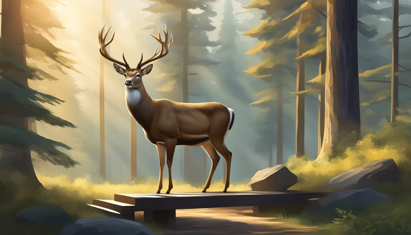 A deer stands on a sturdy, large-scale platform with a digital display, surrounded by a forest clearing and dappled sunlight