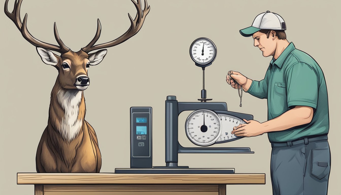 A deer standing on a digital weighing scale with a technician observing the reading