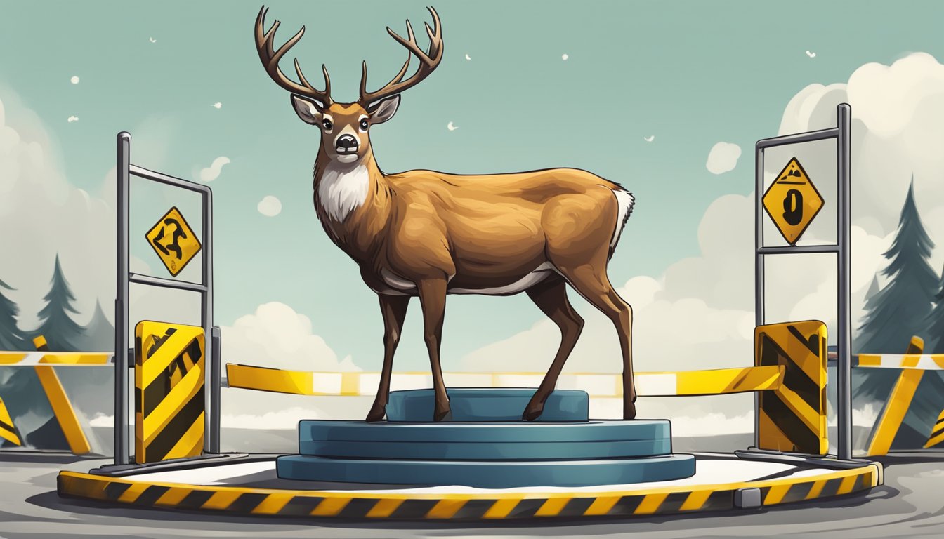 A deer stands on a large weighing scale, surrounded by safety barriers and caution signs