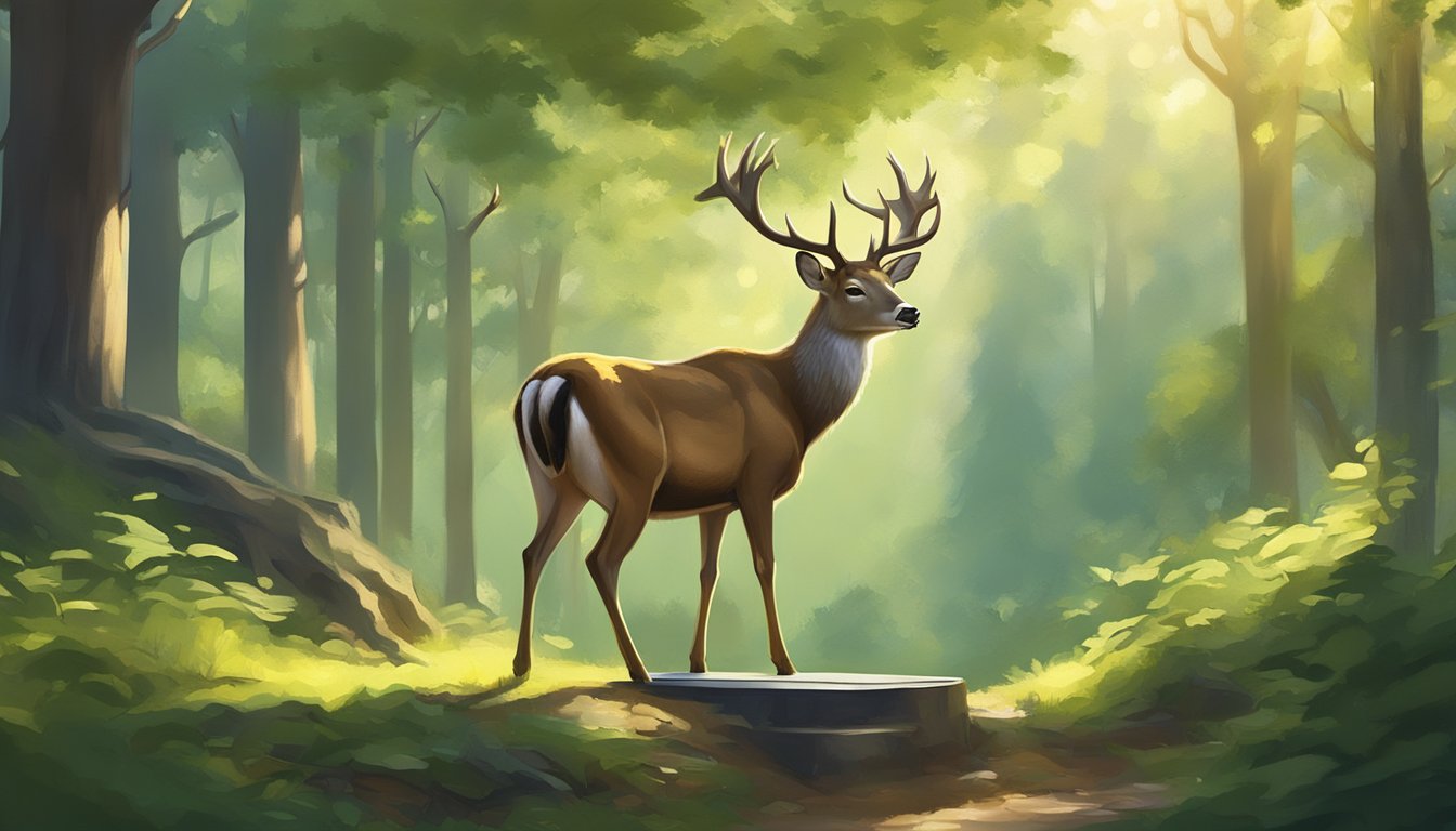 A deer stands calmly on a sturdy metal scale in a peaceful forest clearing, surrounded by lush greenery and dappled sunlight