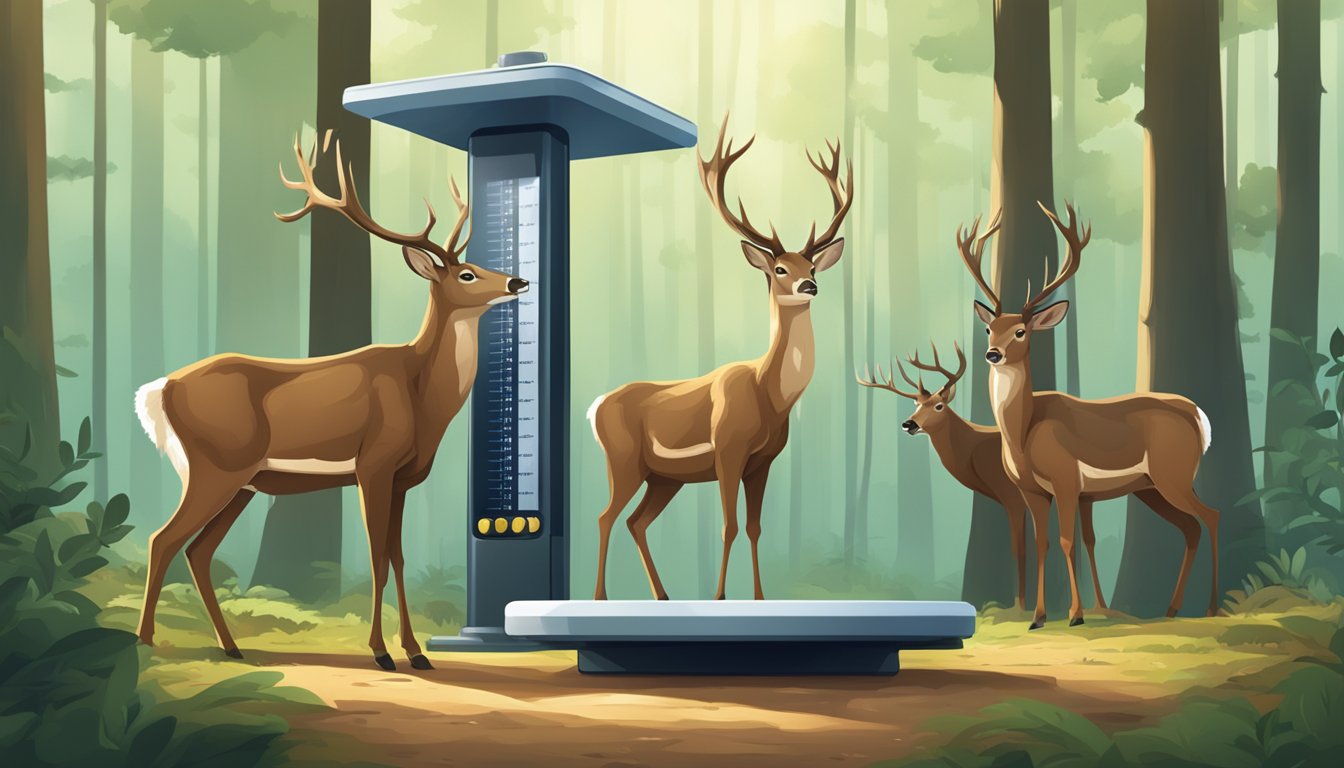 A group of deer standing on a digital weighing scale in a forest clearing