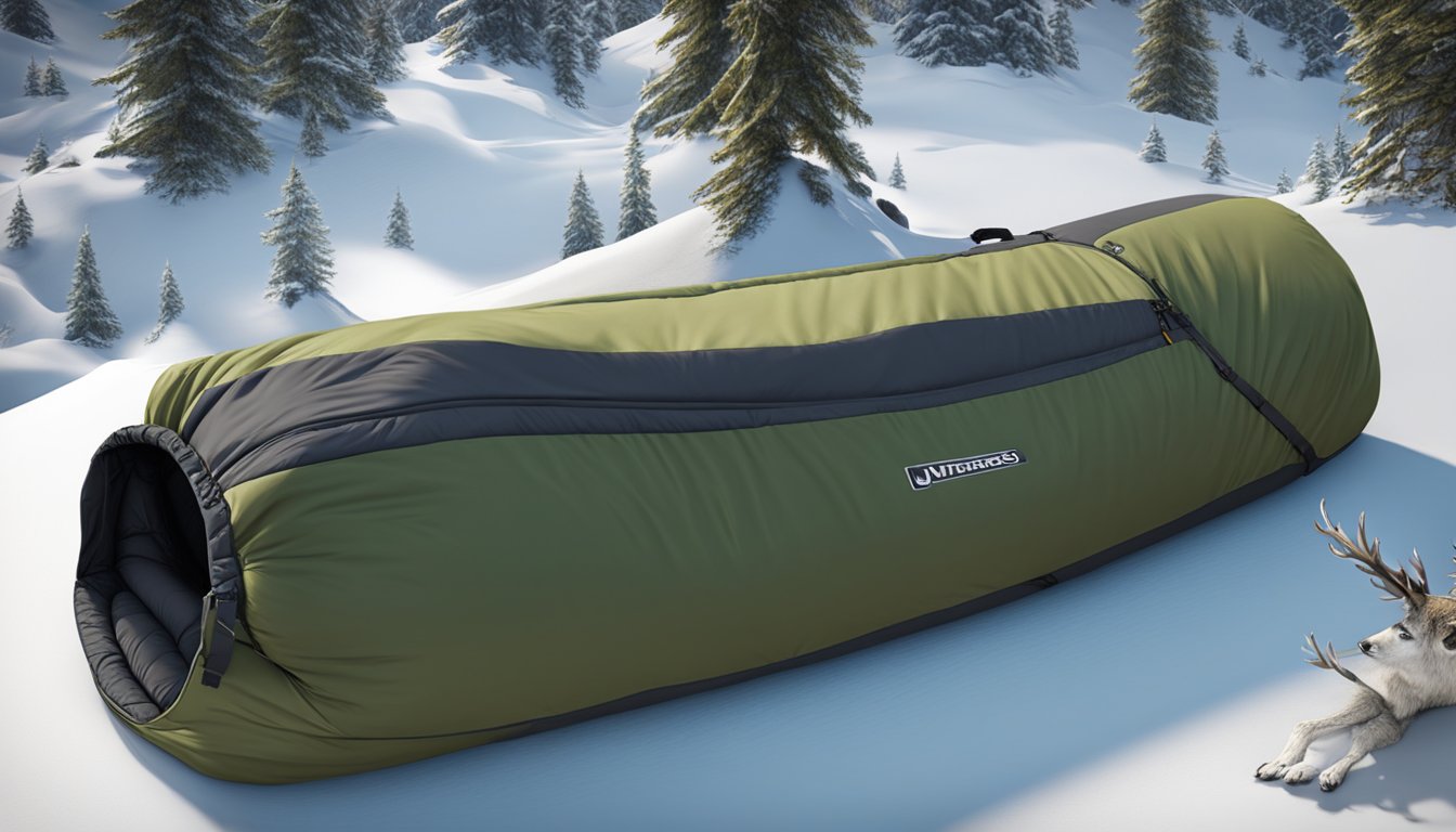 A sleek, high-tech sleeping bag with advanced features and technologies, designed for the ultimate hunting experience in the wilderness