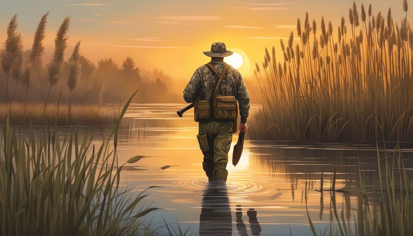 A hunter in camouflage waders carefully navigates through a marsh, carrying a shotgun and decoys. The sun sets behind a backdrop of tall grass and cattails