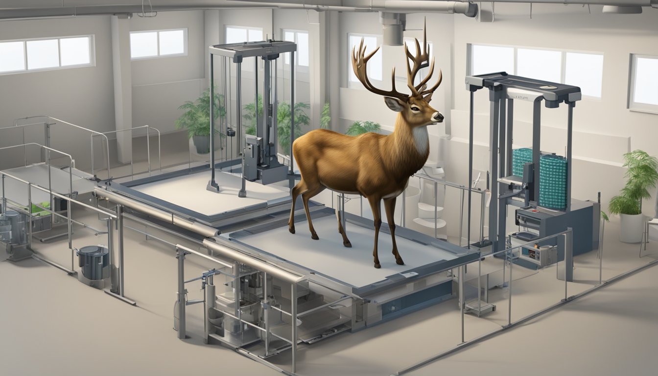 A deer stands on a large scale, its weight displayed on a digital screen. Surrounding the scale are various supplementary equipment used for weighing the animal