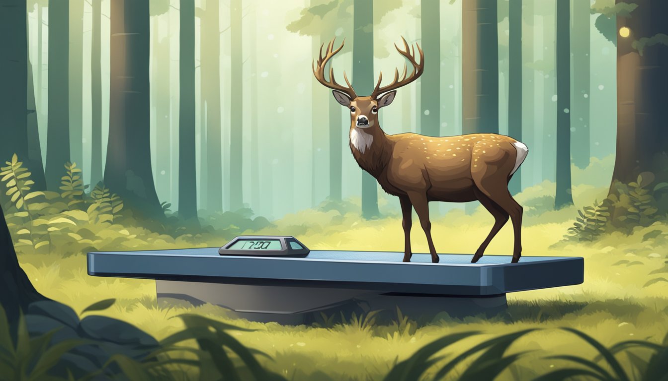 A deer standing on a large, digital weighing scale in a forest clearing