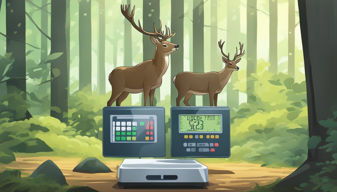 A deer standing on a digital weighing scale, surrounded by a forest clearing with data recording and analysis equipment nearby