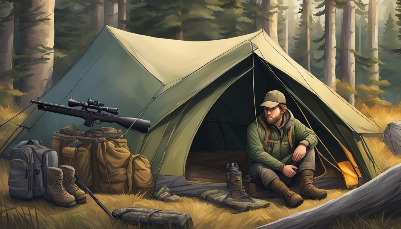 A hunter nestled in a cozy sleeping bag inside a spacious, weatherproof tent, surrounded by hunting gear and a rifle