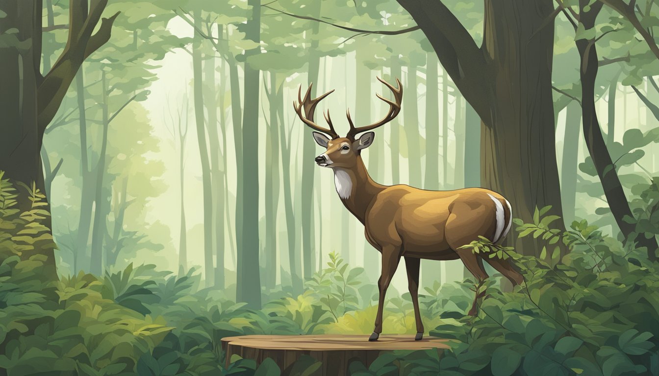 A deer standing on a large, sturdy scale in a forest clearing, surrounded by trees and bushes. The scale's display shows the deer's weight