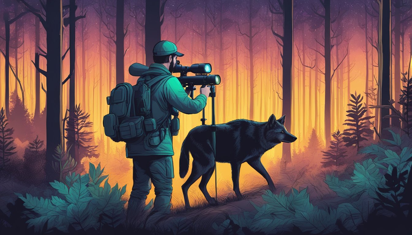 A forest at night, with a hunter using thermal vision equipment to track a heat signature of an animal