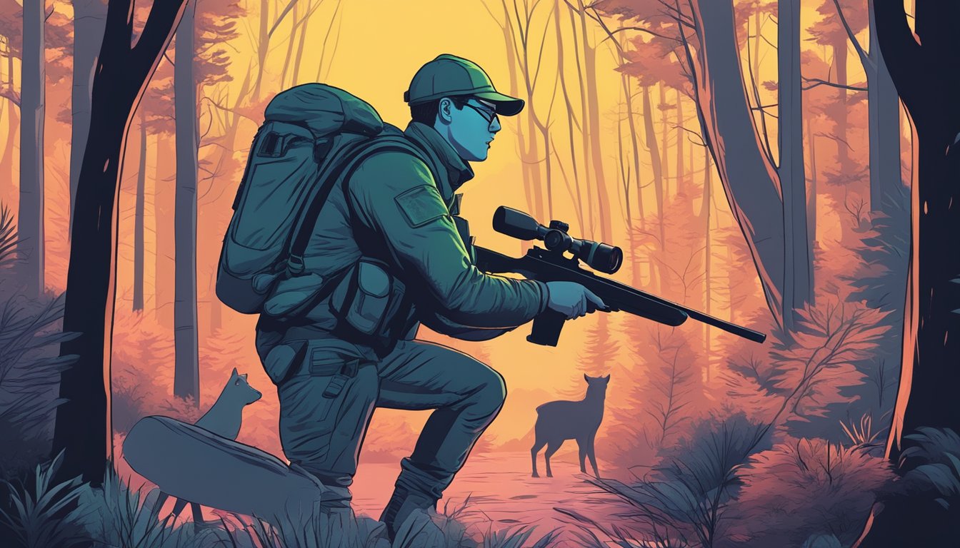 A hunter using a thermal vision device to track a warm-blooded animal in a dark forest