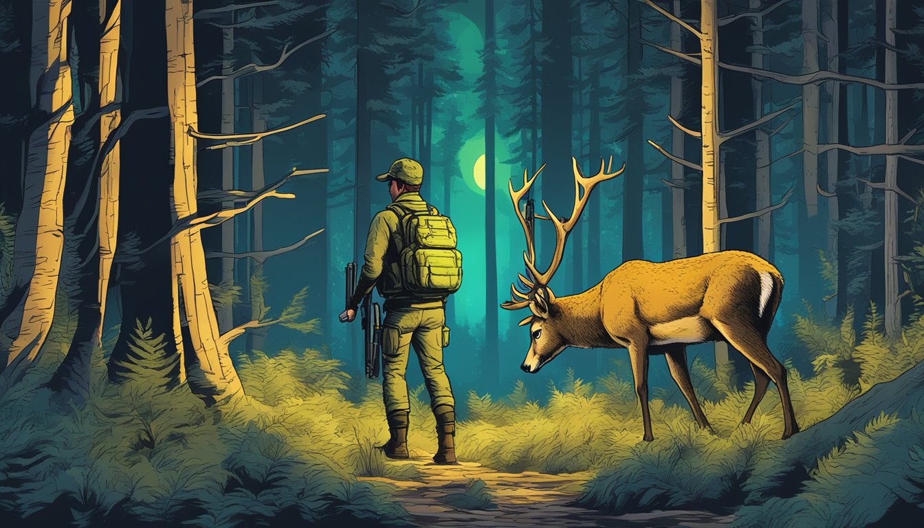 A hunter uses thermal vision to track a deer in a dense forest at night