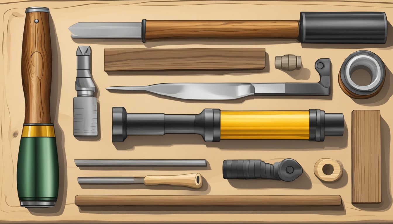 A workbench with various tools and materials for crafting duck calls, including wooden blanks, carving knives, sandpaper, and a finished call