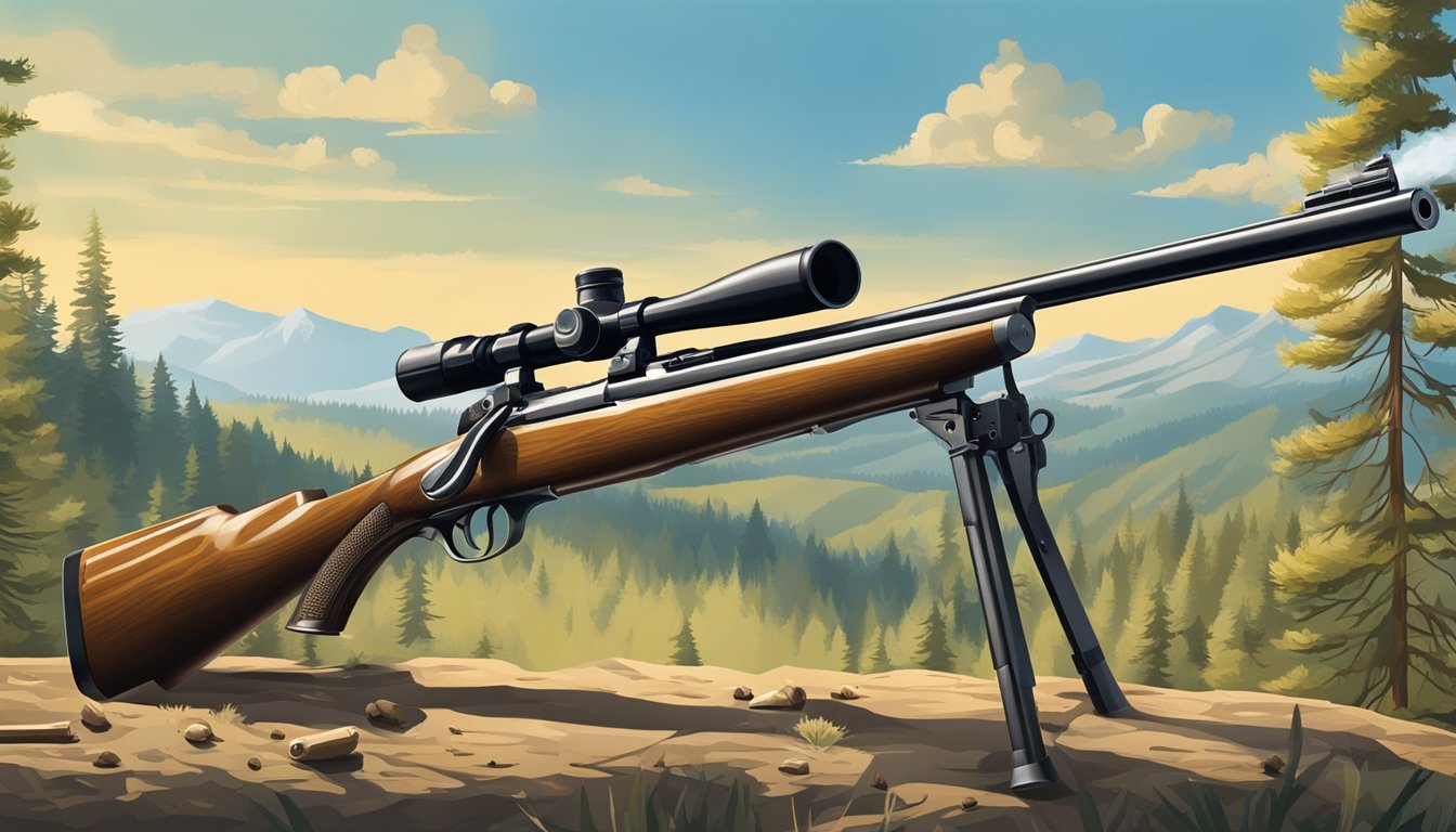 A modern muzzleloader being loaded with a bullet and gunpowder, set against a backdrop of a forest with a clear blue sky