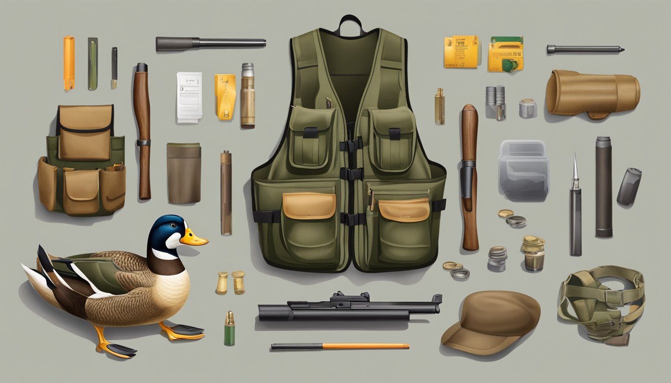 A duck hunting vest with pockets, ammo loops, and a game pouch, surrounded by decoys, a shotgun, and a hunting dog