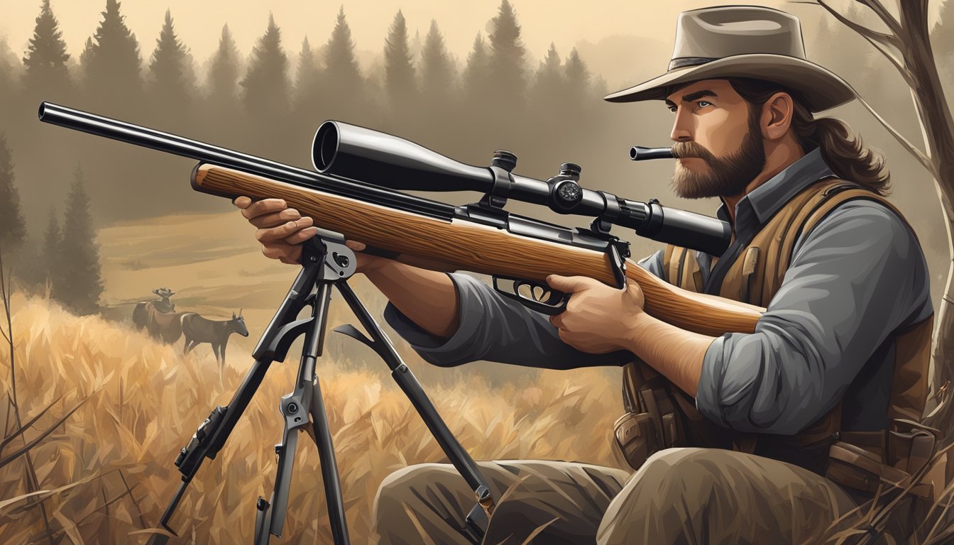 A modern muzzleloader being used for hunting in a rural setting, with a focus on the economic aspects such as the cost of equipment and ammunition